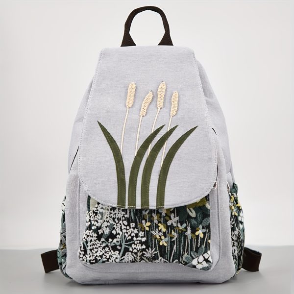 Retro Dogtail Grass & Floral Pattern Backpack | Women's Casual Commuter & Travel Bag