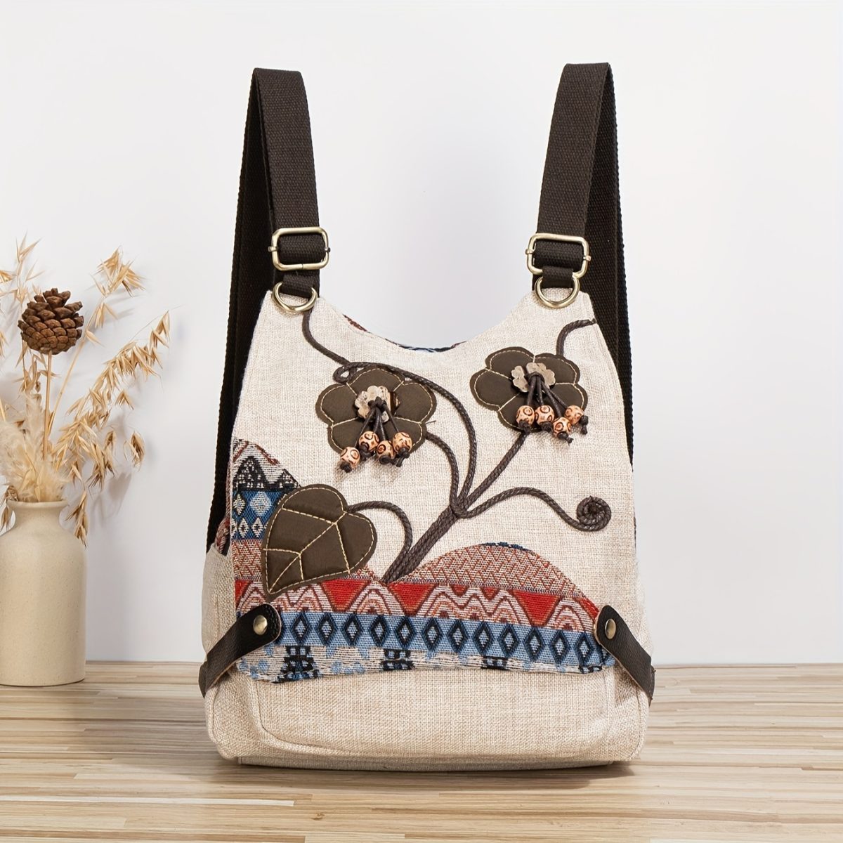 Handmade floral pattern backpack, women's canvas flap backpack for travel or school