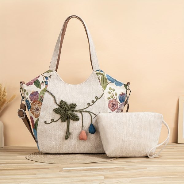 Hand-woven floral tote bag, multi-compartment adjustable shoulder bag, multifunctional multi-compartment crossbody bag